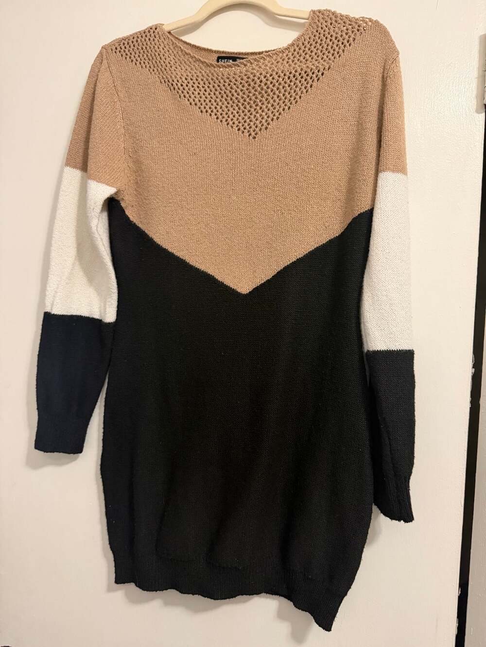 SHEIN Colorblock Sweater Dress Tan Cream Black Long Sleeve Knit Mini Dress M